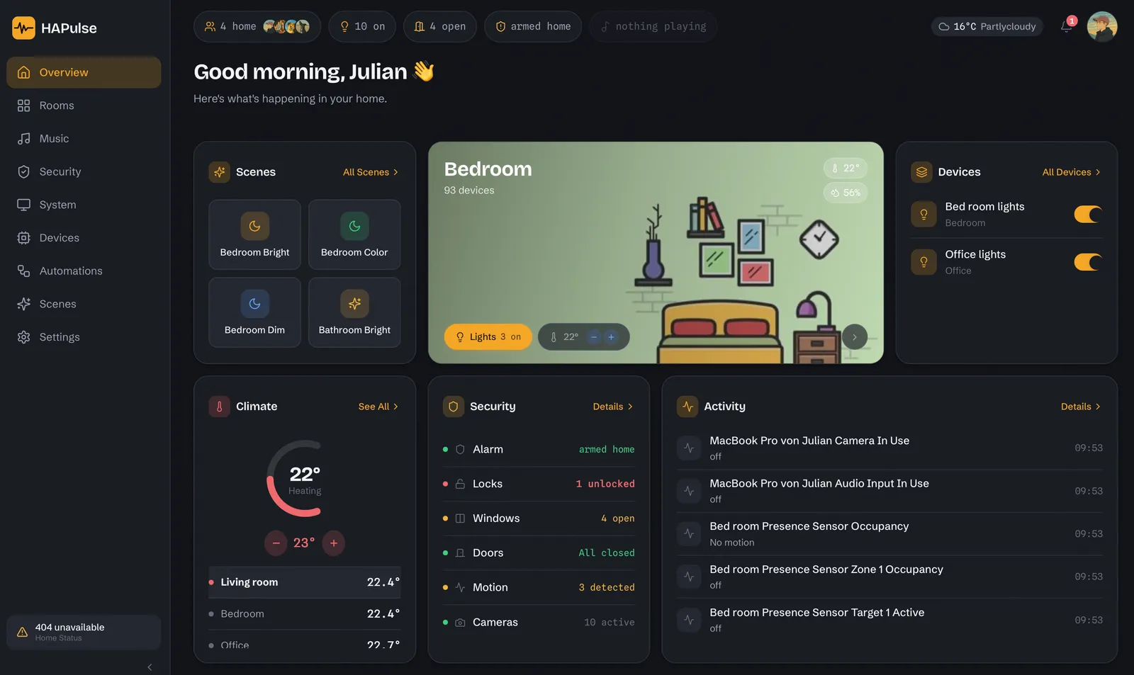 HAPulse home dashboard view